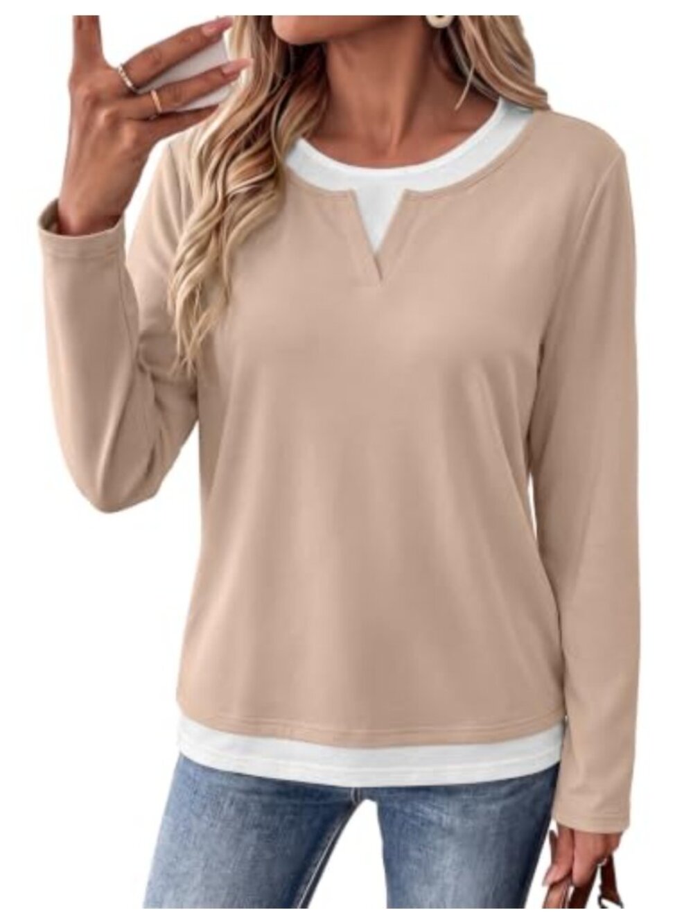 Women's Long Sleeve Crewneck Color Block T Shirt Slim Fit Casual Top